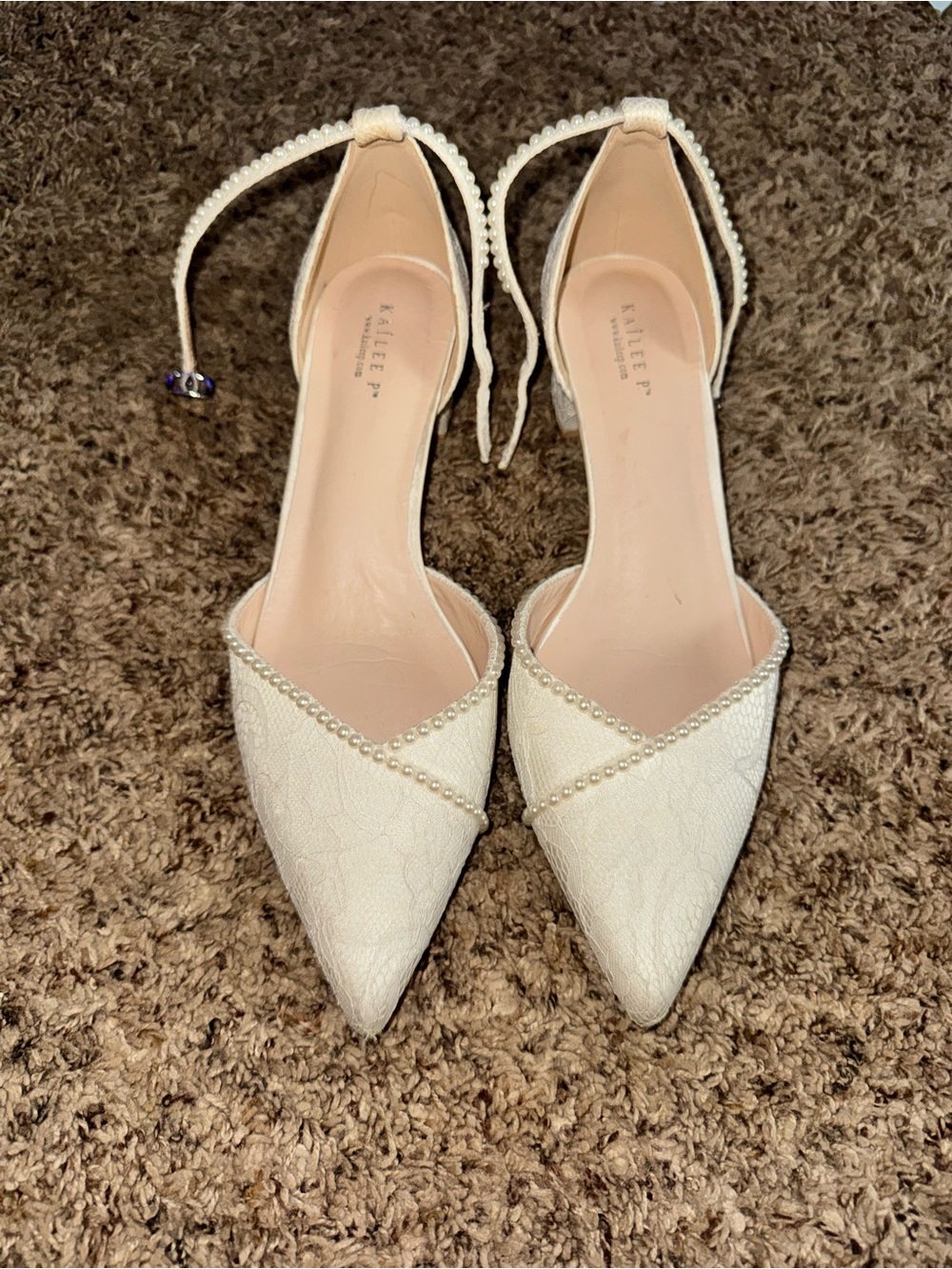 Kailee P.  Cream Pearl-Trim Pointed Toe Ankle-Strap Heels